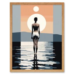 "Artery8 Wall Art Print The Sea is Calling Modern Abstract Minimalist Artwork Sun & Moon Art Framed in Light Oak - Size: W12"" x H16""" - thumbnail 1