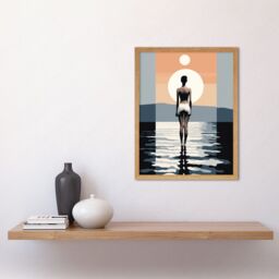 "Artery8 Wall Art Print The Sea is Calling Modern Abstract Minimalist Artwork Sun & Moon Art Framed in Light Oak - Size: W12"" x H16""" - thumbnail 2