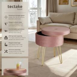 tectake Stool Ava - Round, Padded Velvet Look, With Storage Space in Rose - thumbnail 2