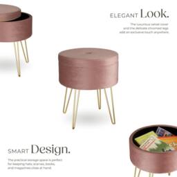 tectake Stool Ava - Round, Padded Velvet Look, With Storage Space in Rose - thumbnail 3