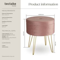 tectake Stool Ava - Round, Padded Velvet Look, With Storage Space in Rose - thumbnail 6