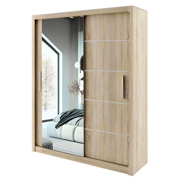 Interior Emporium Ltd IE Lyon Sliding Door Bedroom Wardrobe with LED Light - Wardrobe for You - Wardrobes with LED Light ( Oak, 150 cm ) in Light Oak - image 1