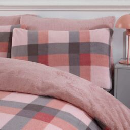 OHS Check Teddy Duvet Cover with Pillowcase Set in Light Pink - Size: King - thumbnail 2