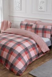 OHS Check Teddy Duvet Cover with Pillowcase Set in Light Pink - Size: King