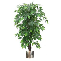 Leaf Artificial Ficus Tree Plant Green Bushy Ficus 120cm Silver Metal Planter - thumbnail 1