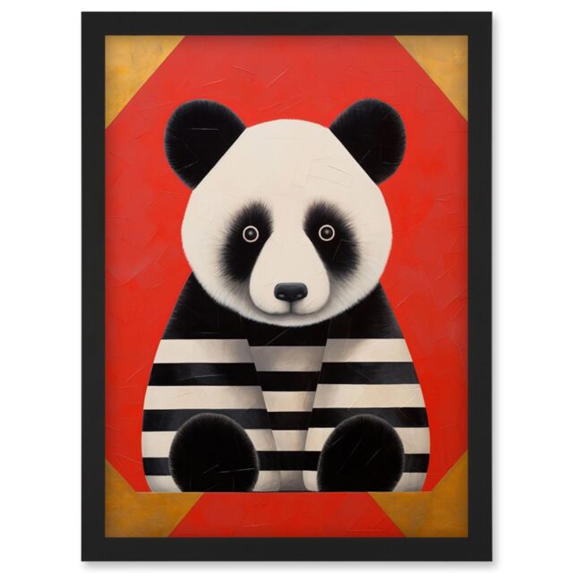 Artery8 Wall Art Print Panda with Stripes Fun Kids Bedroom Baby Nursery Bright Bold Artwork Red Black White Artwork Framed A4 - image 1