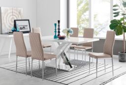 FurnitureboxUK Atlanta Modern Rectangle Chrome Metal High Gloss White Dining Table & 6 Milan Chairs Set in Beige - thumbnail 1