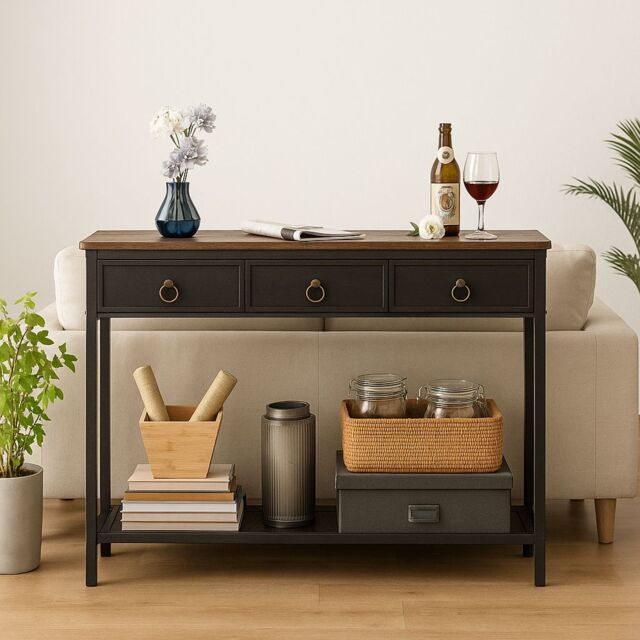 Storvo Slim Console Table with 3 Non-woven Drawers in Brown - image 1