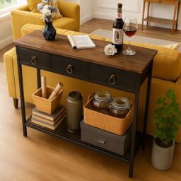 Storvo Slim Console Table with 3 Non-woven Drawers in Brown - thumbnail 2