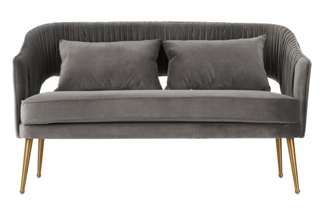 Orsina Grey Velvet Sofa With Pleated Backrest, 2 Seater Sofa, Modern Sofa Couch With Cushions, Gold Finish Sofa Seat - image 1