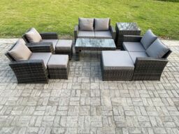 Fimous 9 Seater Dark Grey Mixed High Back Rattan Sofa Set Coffee Table Garden Furniture Outdoor Patio w/ Love Sofa Arm Chairs 3 Footstools Side Table - thumbnail 1