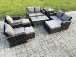 Fimous 9 Seater Dark Grey Mixed High Back Rattan Sofa Set Coffee Table Garden Furniture Outdoor Patio w/ Love Sofa Arm Chairs 3 Footstools Side Table - thumbnail 2