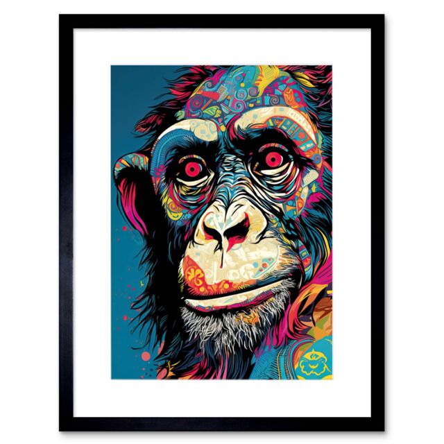 "Artery8 Wall Art Print Chimpanzee Acrylic Painting Vibrant Psychedelic Pattern Portrait Modern Artwork Framed 9X7 Inch in Black - Size: W7"" x H9""" - image 1