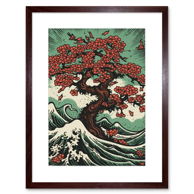 "Artery8 Wall Art Print Japan Cherry Blossom Tree & Wavy Sea Rockabilly Americana 50s Artwork Framed 9X7 Inch in Brown - Size: W7"" x H9""" - image 1
