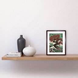 "Artery8 Wall Art Print Japan Cherry Blossom Tree & Wavy Sea Rockabilly Americana 50s Artwork Framed 9X7 Inch in Brown - Size: W7"" x H9""" - thumbnail 2