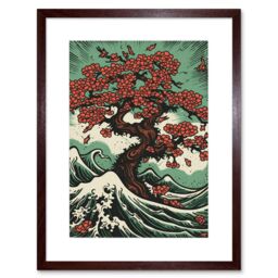 "Artery8 Wall Art Print Japan Cherry Blossom Tree & Wavy Sea Rockabilly Americana 50s Artwork Framed 9X7 Inch in Brown - Size: W7"" x H9""" - thumbnail 1