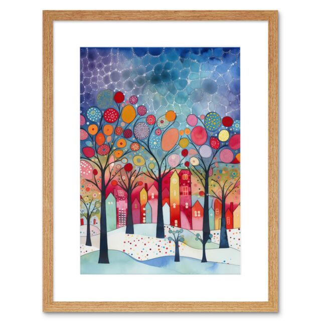 "Artery8 Wall Art Print Winter Abstract Village Folk Artwork Framed 9X7 Inch in Beige - Size: W7"" x H9""" - image 1