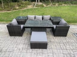 Fimous 6 Seater Rattan Garden Furniture Sofa Set Outdoor Adjustable Rising Lifting Dining Table Set 2 Armchairs in Dark Grey - thumbnail 1
