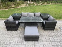 Fimous 6 Seater Rattan Garden Furniture Sofa Set Outdoor Adjustable Rising Lifting Dining Table Set 2 Armchairs in Dark Grey - thumbnail 2