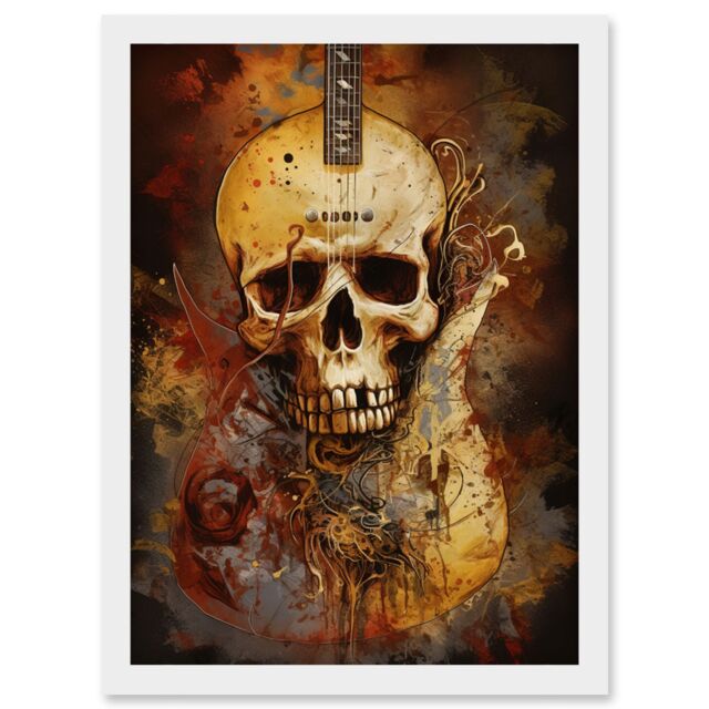 Artery8 Skull Electric Guitar Death Metal Music Modern Concept Art Painting Artwork Framed Wall Art Print A4 in White - image 1