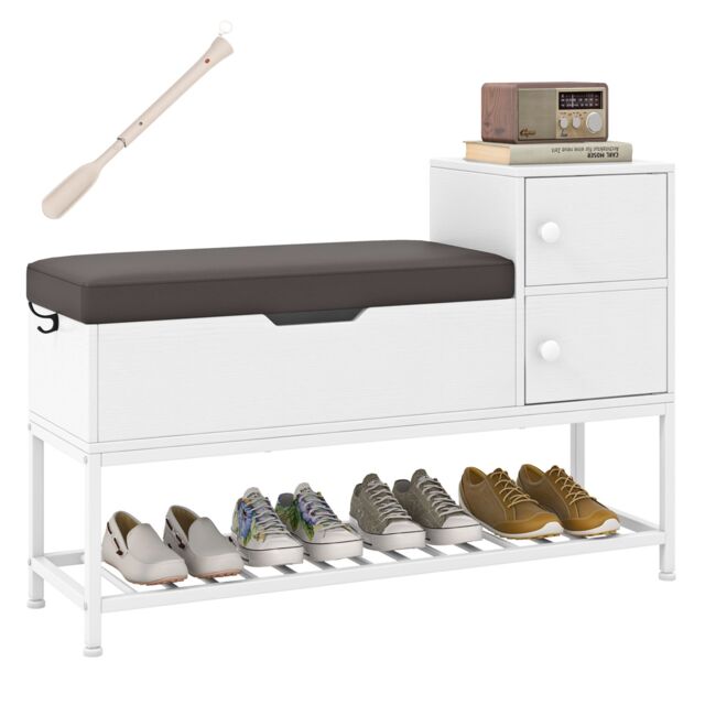 Gymax Shoe Storage Bench Shoe Rack Stand With Flip Top Storage & 2 Drawers in White - image 1