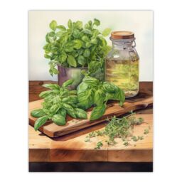 "Artery8 Country Kitchen Art Watercolour Basil Herb Still Life Study Painting Extra Large XL Wall Art Poster Print - Size: W24"" x H32""" - thumbnail 1