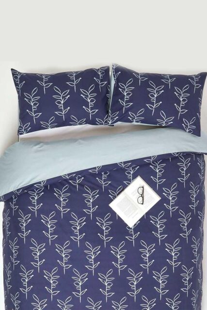 Homescapes Blue Leaf Digitally Printed Cotton Duvet Cover Set - Size: Super King