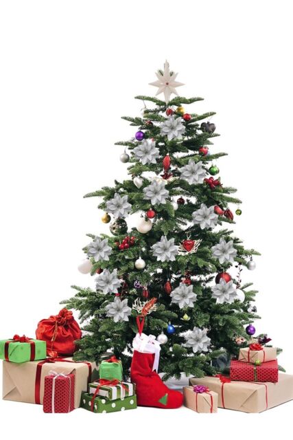 Living and Home 24Pcs Silver Glitter Flower Shape Christmas Hanging Ornaments Party Decorating Supplies - image 1