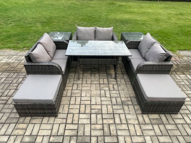Fimous Outdoor Rattan Garden Furniture Lounge Sofa Set With Oblong Rectangular Dining Table 2 Big Footstool 2 Side Tables in Dark Grey - image 1