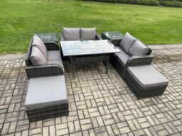 Fimous Outdoor Rattan Garden Furniture Lounge Sofa Set With Oblong Rectangular Dining Table 2 Big Footstool 2 Side Tables in Dark Grey - thumbnail 2