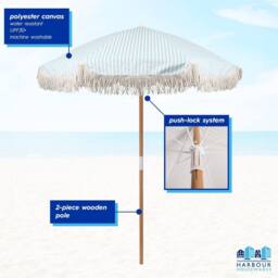 Harbour Housewares 1.4M Wooden Garden Parasol with Tassel Fringe with Carry Bag - UPF30+ in Blue - thumbnail 2