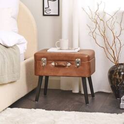 Wyld and Coco Buttoned Storage Stool - Brown Faux Leather Suitcase Design - thumbnail 1