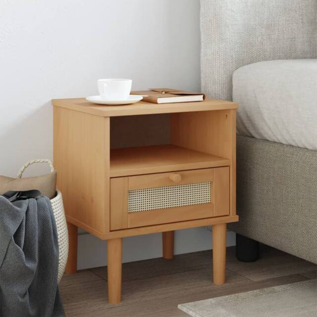 Berkfield Home Bedside Cabinet SENJA Rattan Look Brown 40x35x48 cm Solid Wood Pine - Size: 40 x 35 x 48 cm - image 1