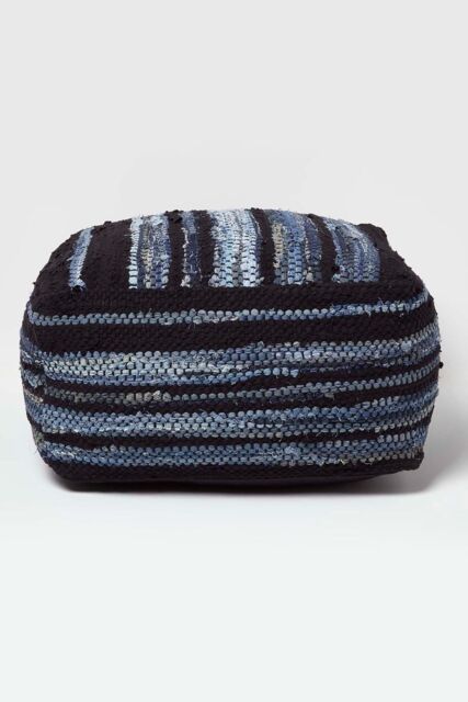Homescapes Texas Leather, Denim Woven Striped Bean Filled Pouffe, 60 cm in Blue - image 1