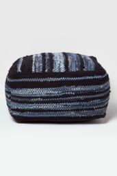 Homescapes Texas Leather, Denim Woven Striped Bean Filled Pouffe, 60 cm in Blue