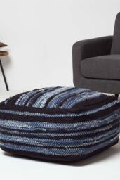 Homescapes Texas Leather, Denim Woven Striped Bean Filled Pouffe, 60 cm in Blue - thumbnail 2