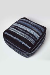 Homescapes Texas Leather, Denim Woven Striped Bean Filled Pouffe, 60 cm in Blue - thumbnail 3