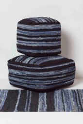 Homescapes Texas Leather, Denim Woven Striped Bean Filled Pouffe, 60 cm in Blue - thumbnail 5