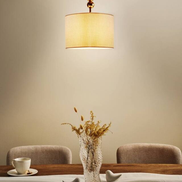 Wyld and Coco Brass-Plated Iron Pendant Lamp with Fabric Drum Shade Mid-Century in Bronze - image 1