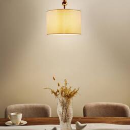 Wyld and Coco Brass-Plated Iron Pendant Lamp with Fabric Drum Shade Mid-Century in Bronze