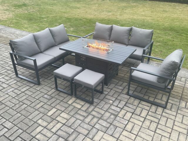 Fimous Aluminium 6 Pieces Garden Furniture Sofa Set with Cushions 9 Seater Gas Fire Pit Dining Table Set with 2 Small Footstools in Dark Grey - image 1