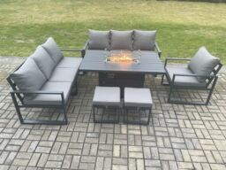 Fimous Aluminium 6 Pieces Garden Furniture Sofa Set with Cushions 9 Seater Gas Fire Pit Dining Table Set with 2 Small Footstools in Dark Grey - thumbnail 2