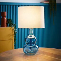ValueLights Aida Natural Linen Tall Shade Bright Bubble Glass Table Lamp & Bulb in Bright Blue - thumbnail 1