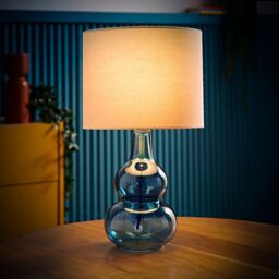 ValueLights Aida Natural Linen Tall Shade Bright Bubble Glass Table Lamp & Bulb in Bright Blue - thumbnail 3