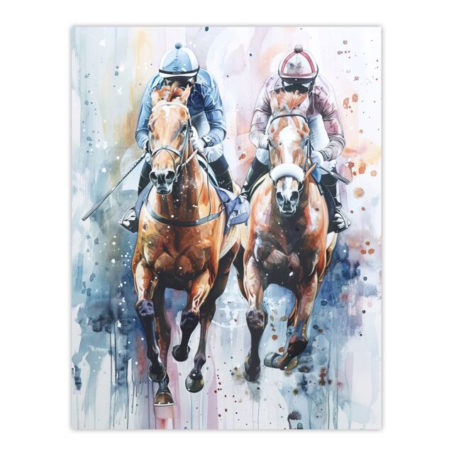 "Artery8 Jockeys on Racehorses Modern Pastel Watercolour Wall Art Print - Size: W24"" x H32""" - image 1