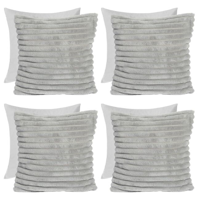 OHS 4 x Faux Fur Thick Rib Filled Cushion Covers in Light Grey - Size: 45 cm x 45 cm - image 1