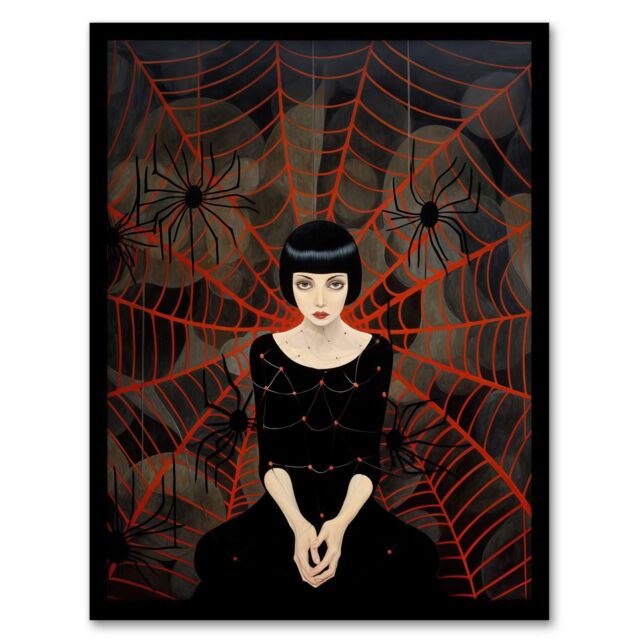 Wee Blue Coo Wall Art Print Arachnophilia Oil Painting Black Red Woman & Arachnid Spider Friends Halloween Conceptual Art Framed - Size: A4 - image 1