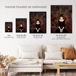 Wee Blue Coo Wall Art Print Arachnophilia Oil Painting Black Red Woman & Arachnid Spider Friends Halloween Conceptual Art Framed - Size: A4 - thumbnail 3