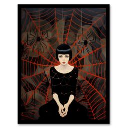 Wee Blue Coo Wall Art Print Arachnophilia Oil Painting Black Red Woman & Arachnid Spider Friends Halloween Conceptual Art Framed - Size: A4 - thumbnail 1