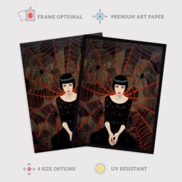Wee Blue Coo Wall Art Print Arachnophilia Oil Painting Black Red Woman & Arachnid Spider Friends Halloween Conceptual Art Framed - Size: A4 - thumbnail 2